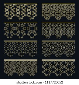 Set of golden seamless borders, line patterns. Tribal ethnic arabic, indian decorative ornaments, fashion gold lace collection. Isolated design elements for headline, banners, wedding invitation cards