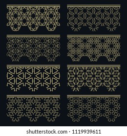 Set of golden seamless borders, line patterns. Tribal ethnic arabic, indian decorative ornaments, fashion gold lace collection. Isolated design elements for headline, banners, wedding invitation cards