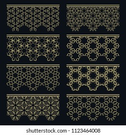 Set of golden seamless borders, line patterns. Tribal ethnic arabic, indian decorative ornaments, fashion gold lace collection. Isolated design elements for headline, banners, wedding invitation cards