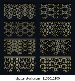 Set of golden seamless borders, line patterns. Tribal ethnic arabic, indian decorative ornaments, fashion gold lace collection. Isolated design elements for headline, banners, wedding invitation cards