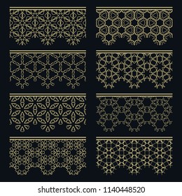 Set of golden seamless borders, line patterns. Tribal ethnic arabic, indian decorative ornaments, fashion gold lace collection. Isolated design elements for headline, banners, wedding invitation cards