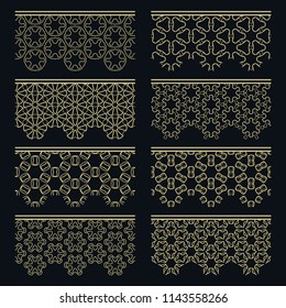 Set of golden seamless borders, line patterns. Tribal ethnic arabic, indian decorative ornaments, fashion gold lace collection. Isolated design elements for headline, banners, wedding invitation cards