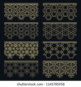 Set of golden seamless borders, line patterns. Tribal ethnic arabic, indian decorative ornaments, fashion gold lace collection. Isolated design elements for headline, banners, wedding invitation cards