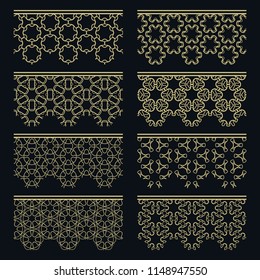 Set of golden seamless borders, line patterns. Tribal ethnic arabic, indian decorative ornaments, fashion gold lace collection. Isolated design elements for headline, banners, wedding invitation cards