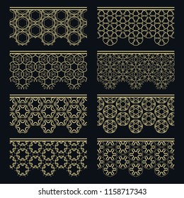 Set of golden seamless borders, line patterns. Tribal ethnic arabic, indian decorative ornaments, fashion gold lace collection. Isolated design elements for headline, banners, wedding invitation cards