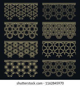 Set of golden seamless borders, line patterns. Tribal ethnic arabic, indian decorative ornaments, fashion gold lace collection. Isolated design elements for headline, banners, wedding invitation cards
