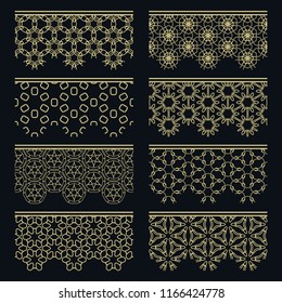 Set of golden seamless borders, line patterns. Tribal ethnic arabic, indian decorative ornaments, fashion gold lace collection. Isolated design elements for headline, banners, wedding invitation cards
