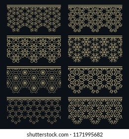 Set of golden seamless borders, line patterns. Tribal ethnic arabic, indian decorative ornaments, fashion gold lace collection. Isolated design elements for headline, banners, wedding invitation cards