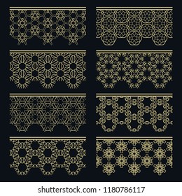 Set of golden seamless borders, line patterns. Tribal ethnic arabic, indian decorative ornaments, fashion gold lace collection. Isolated design elements for headline, banners, wedding invitation cards