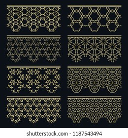 Set of golden seamless borders, line patterns. Tribal ethnic arabic, indian decorative ornaments, fashion gold lace collection. Isolated design elements for headline, banners, wedding invitation cards