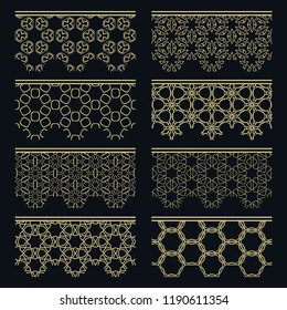 Set of golden seamless borders, line patterns. Tribal ethnic arabic, indian decorative ornaments, fashion gold lace collection. Isolated design elements for headline, banners, wedding invitation cards