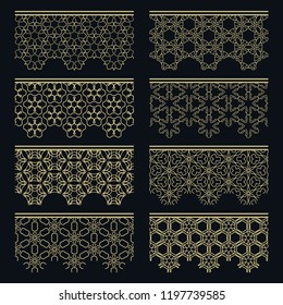 Set of golden seamless borders, line patterns. Tribal ethnic arabic, indian decorative ornaments, fashion gold lace collection. Isolated design elements for headline, banners, wedding invitation cards