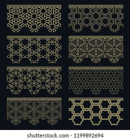 Set of golden seamless borders, line patterns. Tribal ethnic arabic, indian decorative ornaments, fashion gold lace collection. Isolated design elements for headline, banners, wedding invitation cards