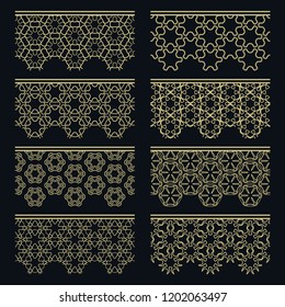 Set of golden seamless borders, line patterns. Tribal ethnic arabic, indian decorative ornaments, fashion gold lace collection. Isolated design elements for headline, banners, wedding invitation cards