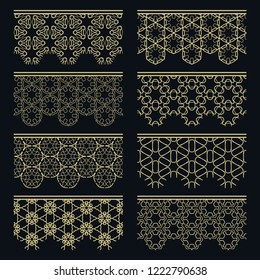 Set of golden seamless borders, line patterns. Tribal ethnic arabic, indian decorative ornaments, fashion gold lace collection. Isolated design elements for headline, banners, wedding invitation cards