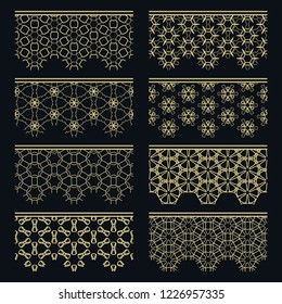 Set of golden seamless borders, line patterns. Tribal ethnic arabic, indian decorative ornaments, fashion gold lace collection. Isolated design elements for headline, banners, wedding invitation cards