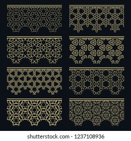Set of golden seamless borders, line patterns. Tribal ethnic arabic, indian decorative ornaments, fashion gold lace collection. Isolated design elements for headline, banners, wedding invitation cards