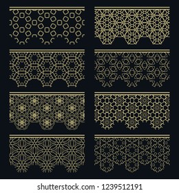 Set of golden seamless borders, line patterns. Tribal ethnic arabic, indian decorative ornaments, fashion gold lace collection. Isolated design elements for headline, banners, wedding invitation cards