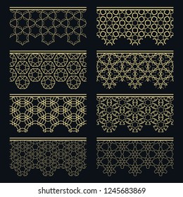 Set of golden seamless borders, line patterns. Tribal ethnic arabic, indian decorative ornaments, fashion gold lace collection. Isolated design elements for headline, banners, wedding invitation cards
