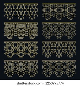 Set of golden seamless borders, line patterns. Tribal ethnic arabic, indian decorative ornaments, fashion gold lace collection. Isolated design elements for headline, banners, wedding invitation cards