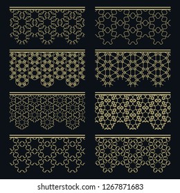 Set of golden seamless borders, line patterns. Tribal ethnic arabic, indian decorative ornaments, fashion gold lace collection. Isolated design elements for headline, banners, wedding invitation cards