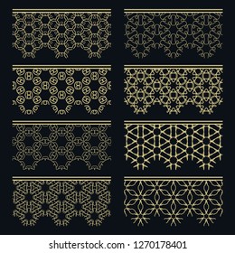 Set of golden seamless borders, line patterns. Tribal ethnic arabic, indian decorative ornaments, fashion gold lace collection. Isolated design elements for headline, banners, wedding invitation cards