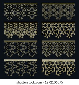 Set of golden seamless borders, line patterns. Tribal ethnic arabic, indian decorative ornaments, fashion gold lace collection. Isolated design elements for headline, banners, wedding invitation cards