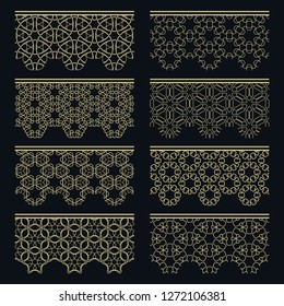 Set of golden seamless borders, line patterns. Tribal ethnic arabic, indian decorative ornaments, fashion gold lace collection. Isolated design elements for headline, banners, wedding invitation cards