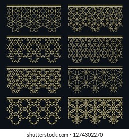 Set of golden seamless borders, line patterns. Tribal ethnic arabic, indian decorative ornaments, fashion gold lace collection. Isolated design elements for headline, banners, wedding invitation cards
