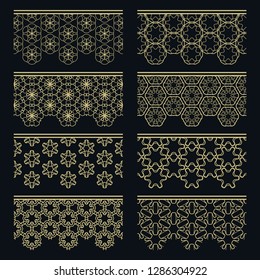 Set of golden seamless borders, line patterns. Tribal ethnic arabic, indian decorative ornaments, fashion gold lace collection. Isolated design elements for headline, banners, wedding invitation cards