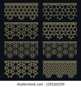 Set of golden seamless borders, line patterns. Tribal ethnic arabic, indian decorative ornaments, fashion gold lace collection. Isolated design elements for headline, banners, wedding invitation cards