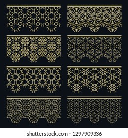 Set of golden seamless borders, line patterns. Tribal ethnic arabic, indian decorative ornaments, fashion gold lace collection. Isolated design elements for headline, banners, wedding invitation cards