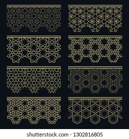 Set of golden seamless borders, line patterns. Tribal ethnic arabic, indian decorative ornaments, fashion gold lace collection. Isolated design elements for headline, banners, wedding invitation cards