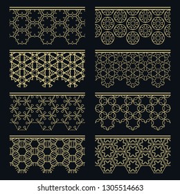 Set of golden seamless borders, line patterns. Tribal ethnic arabic, indian decorative ornaments, fashion gold lace collection. Isolated design elements for headline, banners, wedding invitation cards