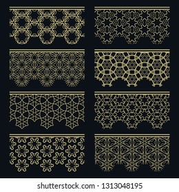 Set of golden seamless borders, line patterns. Tribal ethnic arabic, indian decorative ornaments, fashion gold lace collection. Isolated design elements for headline, banners, wedding invitation cards