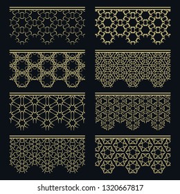 Set of golden seamless borders, line patterns. Tribal ethnic arabic, indian decorative ornaments, fashion gold lace collection. Isolated design elements for headline, banners, wedding invitation cards