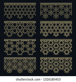 Set of golden seamless borders, line patterns. Tribal ethnic arabic, indian decorative ornaments, fashion gold lace collection. Isolated design elements for headline, banners, wedding invitation cards
