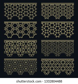 Set of golden seamless borders, line patterns. Tribal ethnic arabic, indian decorative ornaments, fashion gold lace collection. Isolated design elements for headline, banners, wedding invitation cards