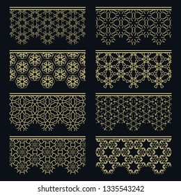 Set of golden seamless borders, line patterns. Tribal ethnic arabic, indian decorative ornaments, fashion gold lace collection. Isolated design elements for headline, banners, wedding invitation cards