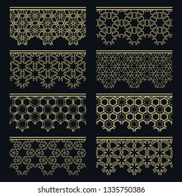 Set of golden seamless borders, line patterns. Tribal ethnic arabic, indian decorative ornaments, fashion gold lace collection. Isolated design elements for headline, banners, wedding invitation cards