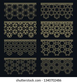 Set of golden seamless borders, line patterns. Tribal ethnic arabic, indian decorative ornaments, fashion gold lace collection. Isolated design elements for headline, banners, wedding invitation cards