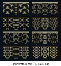 Set of golden seamless borders, line patterns. Tribal ethnic arabic, indian decorative ornaments, fashion gold lace collection. Isolated design elements for headline, banners, wedding invitation cards