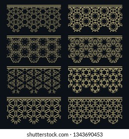 Set of golden seamless borders, line patterns. Tribal ethnic arabic, indian decorative ornaments, fashion gold lace collection. Isolated design elements for headline, banners, wedding invitation cards