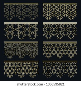 Set of golden seamless borders, line patterns. Tribal ethnic arabic, indian decorative ornaments, fashion gold lace collection. Isolated design elements for headline, banners, wedding invitation cards