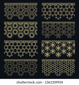 Set of golden seamless borders, line patterns. Tribal ethnic arabic, indian decorative ornaments, fashion gold lace collection. Isolated design elements for headline, banners, wedding invitation cards
