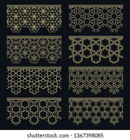 Set of golden seamless borders, line patterns. Tribal ethnic arabic, indian decorative ornaments, fashion gold lace collection. Isolated design elements for headline, banners, wedding invitation cards