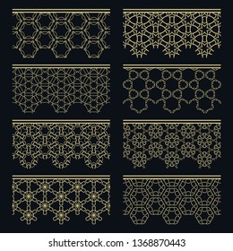 Set of golden seamless borders, line patterns. Tribal ethnic arabic, indian decorative ornaments, fashion gold lace collection. Isolated design elements for headline, banners, wedding invitation cards