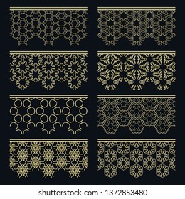 Set of golden seamless borders, line patterns. Tribal ethnic arabic, indian decorative ornaments, fashion gold lace collection. Isolated design elements for headline, banners, wedding invitation cards