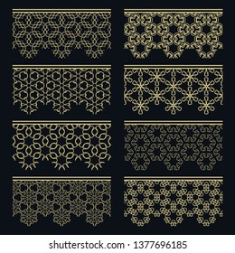 Set of golden seamless borders, line patterns. Tribal ethnic arabic, indian decorative ornaments, fashion gold lace collection. Isolated design elements for headline, banners, wedding invitation cards