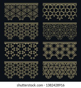 Set of golden seamless borders, line patterns. Tribal ethnic arabic, indian decorative ornaments, fashion gold lace collection. Isolated design elements for headline, banners, wedding invitation cards